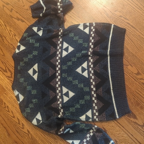 Vtg 90s grandpacore  Black Gray Green Acrylic Wild Geometric Sweater V Neck XL - Picture 5 of 8